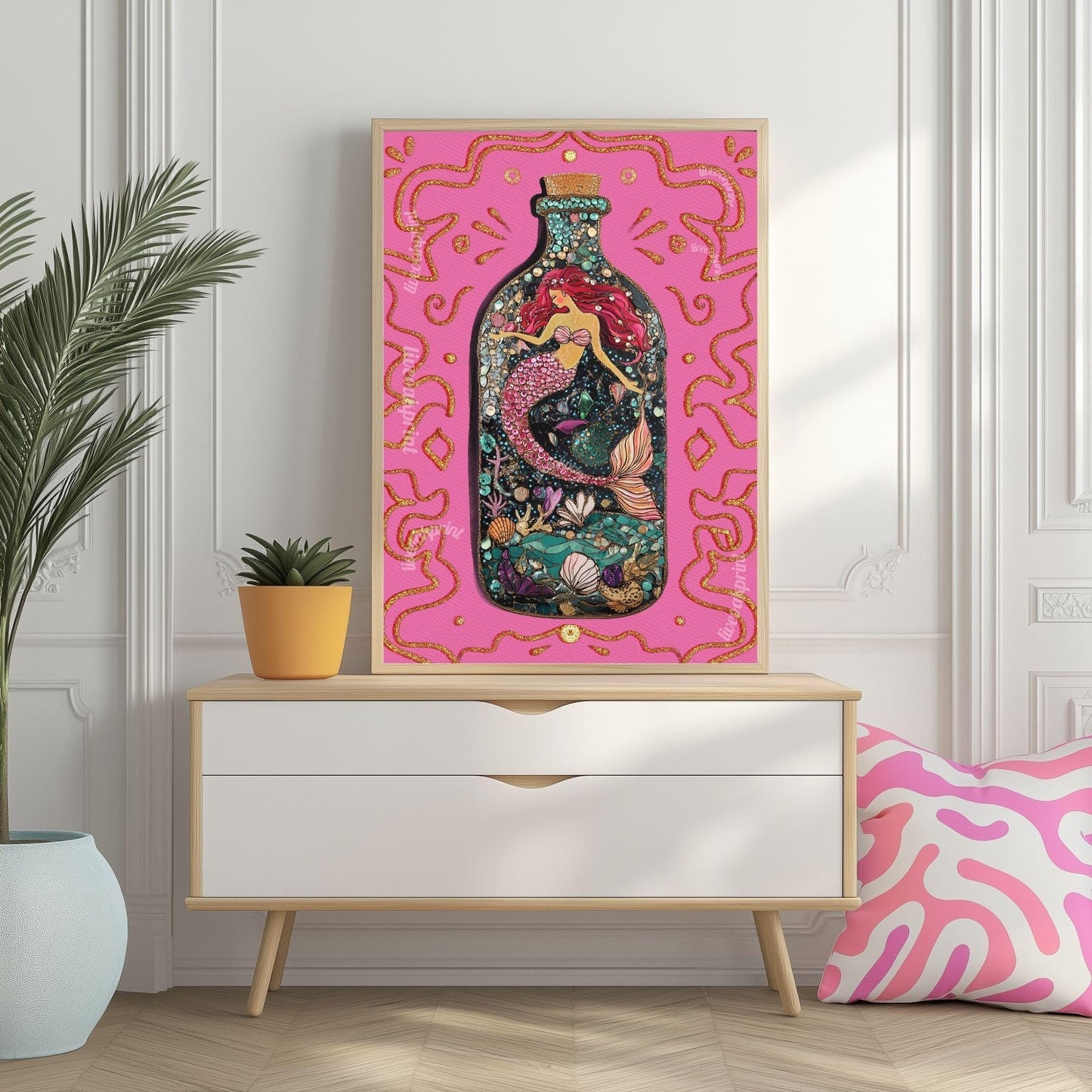 Mermaid in a Bottle Art Print – Pink Coastal Wall Art – Whimsical Mermaid Poster – Nautical Fantasy Decor – Beachcore Aesthetic