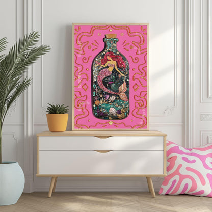 Mermaid in a Bottle Art Print – Pink Coastal Wall Art – Whimsical Mermaid Poster – Nautical Fantasy Decor – Beachcore Aesthetic