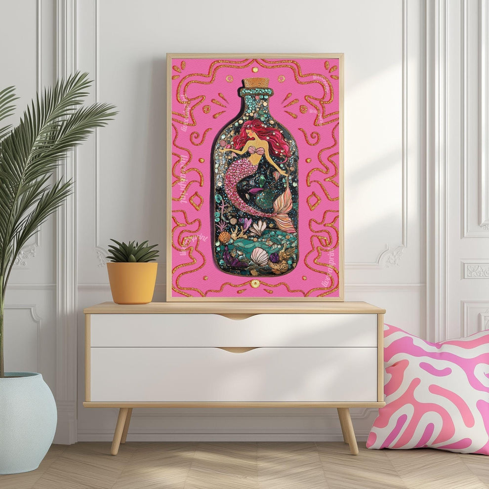 Mermaid in a Bottle Art Print – Pink Coastal Wall Art – Whimsical Mermaid Poster – Nautical Fantasy Decor – Beachcore Aesthetic