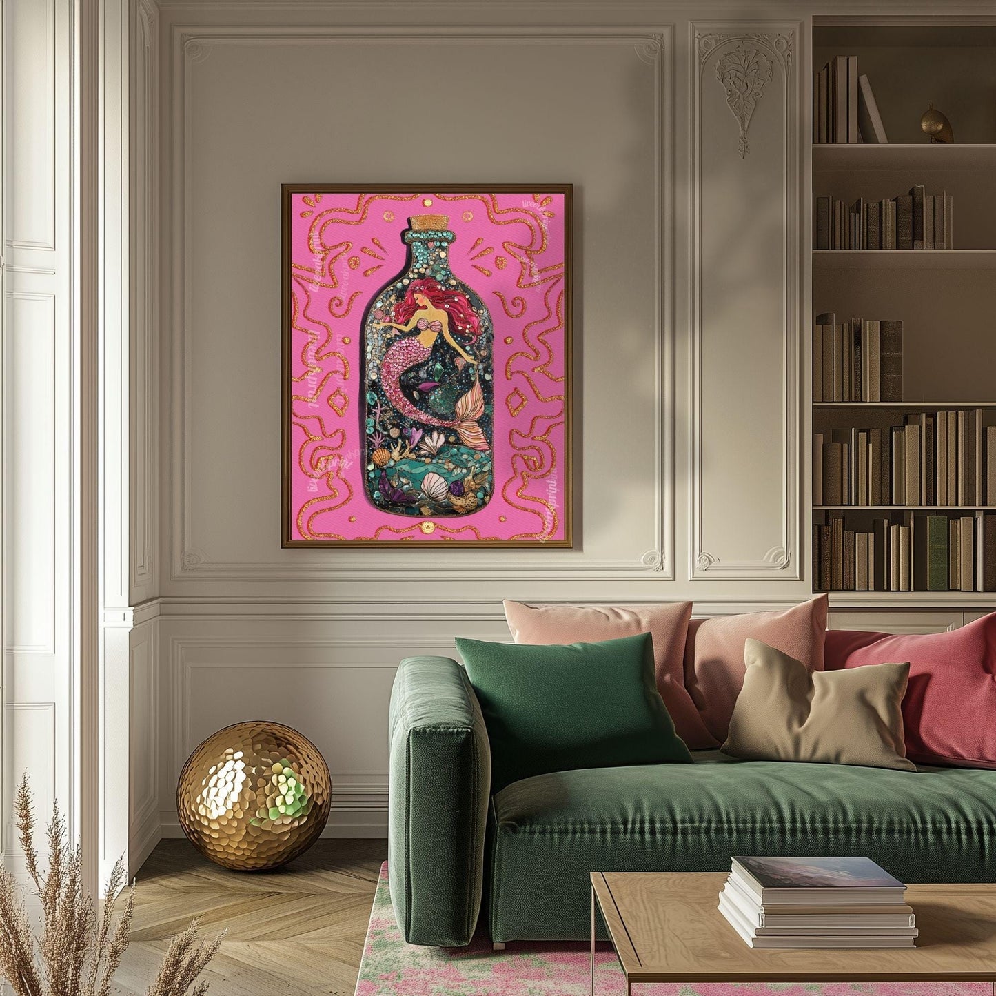 Mermaid in a Bottle Art Print – Pink Coastal Wall Art – Whimsical Mermaid Poster – Nautical Fantasy Decor – Beachcore Aesthetic
