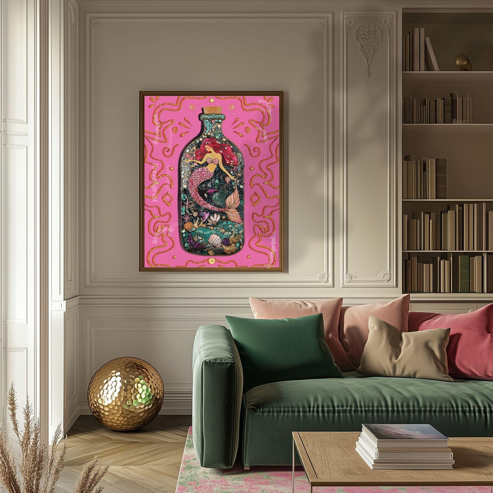 Mermaid in a Bottle Art Print – Pink Coastal Wall Art – Whimsical Mermaid Poster – Nautical Fantasy Decor – Beachcore Aesthetic