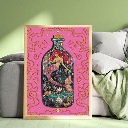 Mermaid in a Bottle Art Print – Pink Coastal Wall Art – Whimsical Mermaid Poster – Nautical Fantasy Decor – Beachcore Aesthetic
