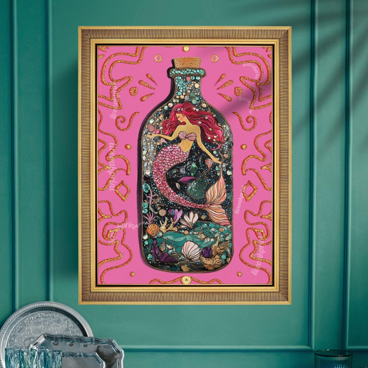 Mermaid in a Bottle Art Print – Pink Coastal Wall Art – Whimsical Mermaid Poster – Nautical Fantasy Decor – Beachcore Aesthetic