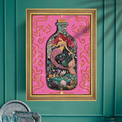 Mermaid in a Bottle Art Print – Pink Coastal Wall Art – Whimsical Mermaid Poster – Nautical Fantasy Decor – Beachcore Aesthetic
