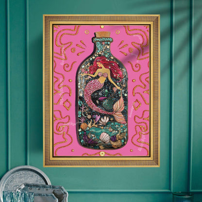 Mermaid in a Bottle Art Print – Pink Coastal Wall Art – Whimsical Mermaid Poster – Nautical Fantasy Decor – Beachcore Aesthetic