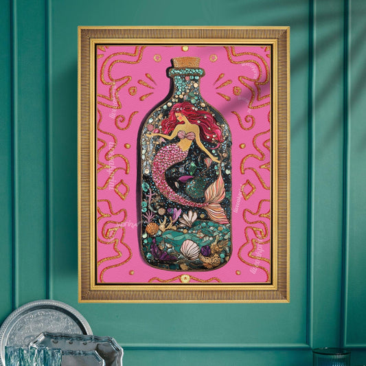 Mermaid in a Bottle Art Print – Pink Coastal Wall Art – Whimsical Mermaid Poster – Nautical Fantasy Decor – Beachcore Aesthetic