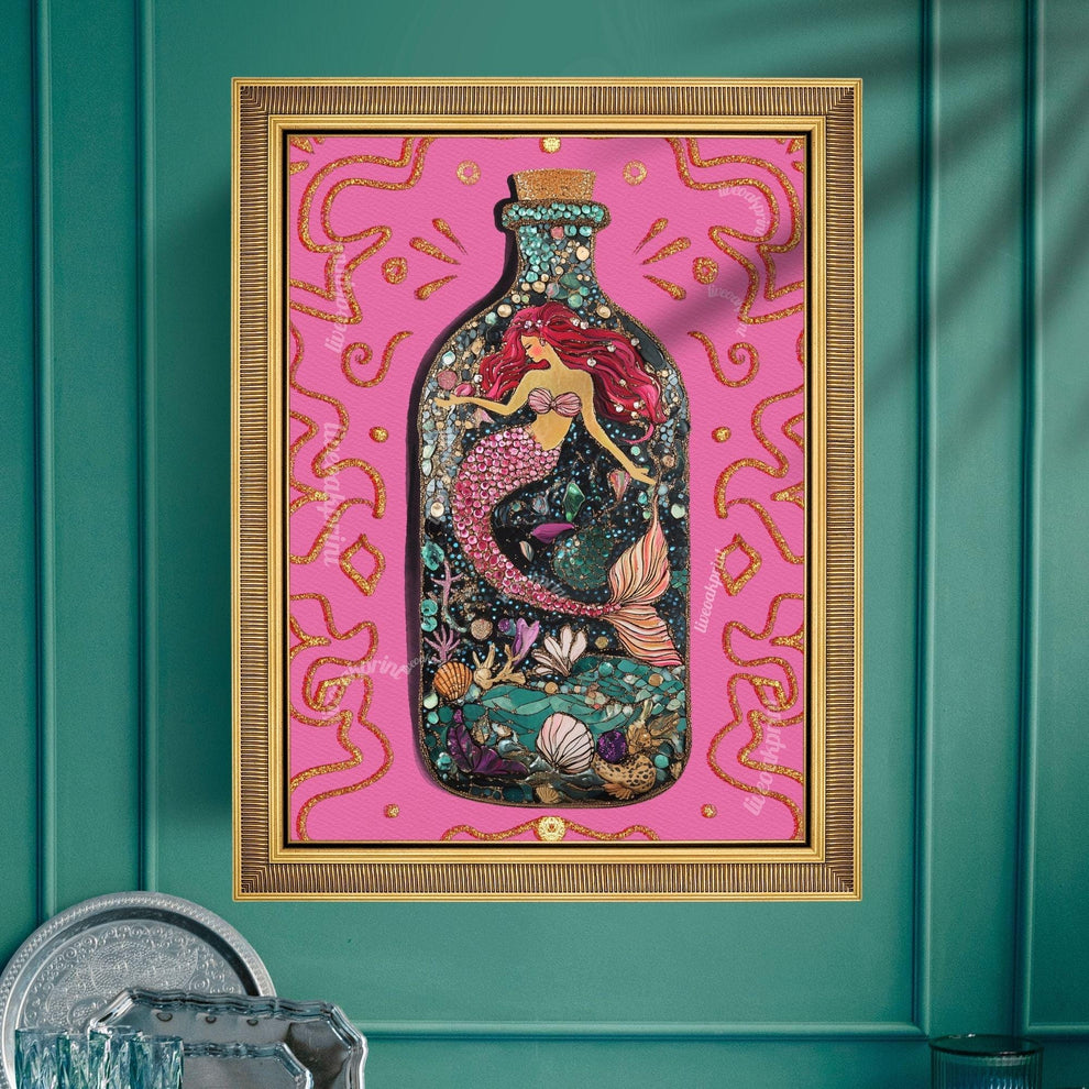 Mermaid in a Bottle Art Print – Pink Coastal Wall Art – Whimsical Mermaid Poster – Nautical Fantasy Decor – Beachcore Aesthetic