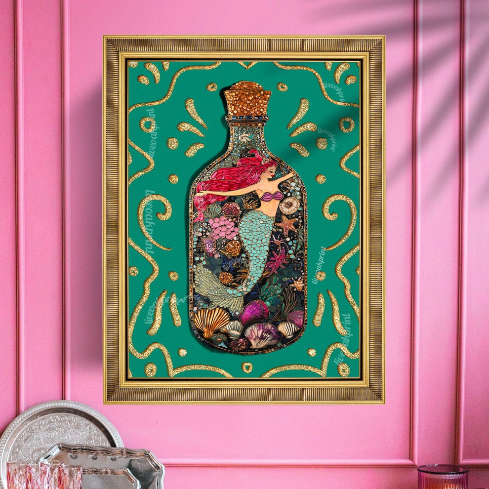 Mermaid in a Bottle Art Print – Coastal Wall Decor – Whimsical Ocean Print – Teal Mermaid Poster – Nautical Fantasy Wall Art