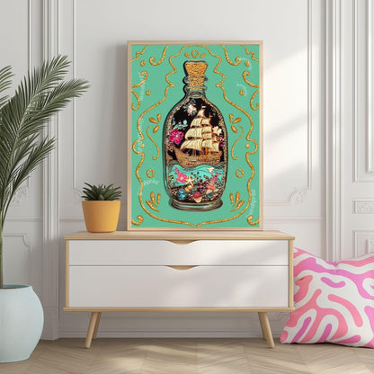 Ship in a Bottle Art Print – Coastal Wall Art – Dark Nautical Decor – Whimsical Ocean Poster – Maritime Fantasy Print – Maximalist Beach Art