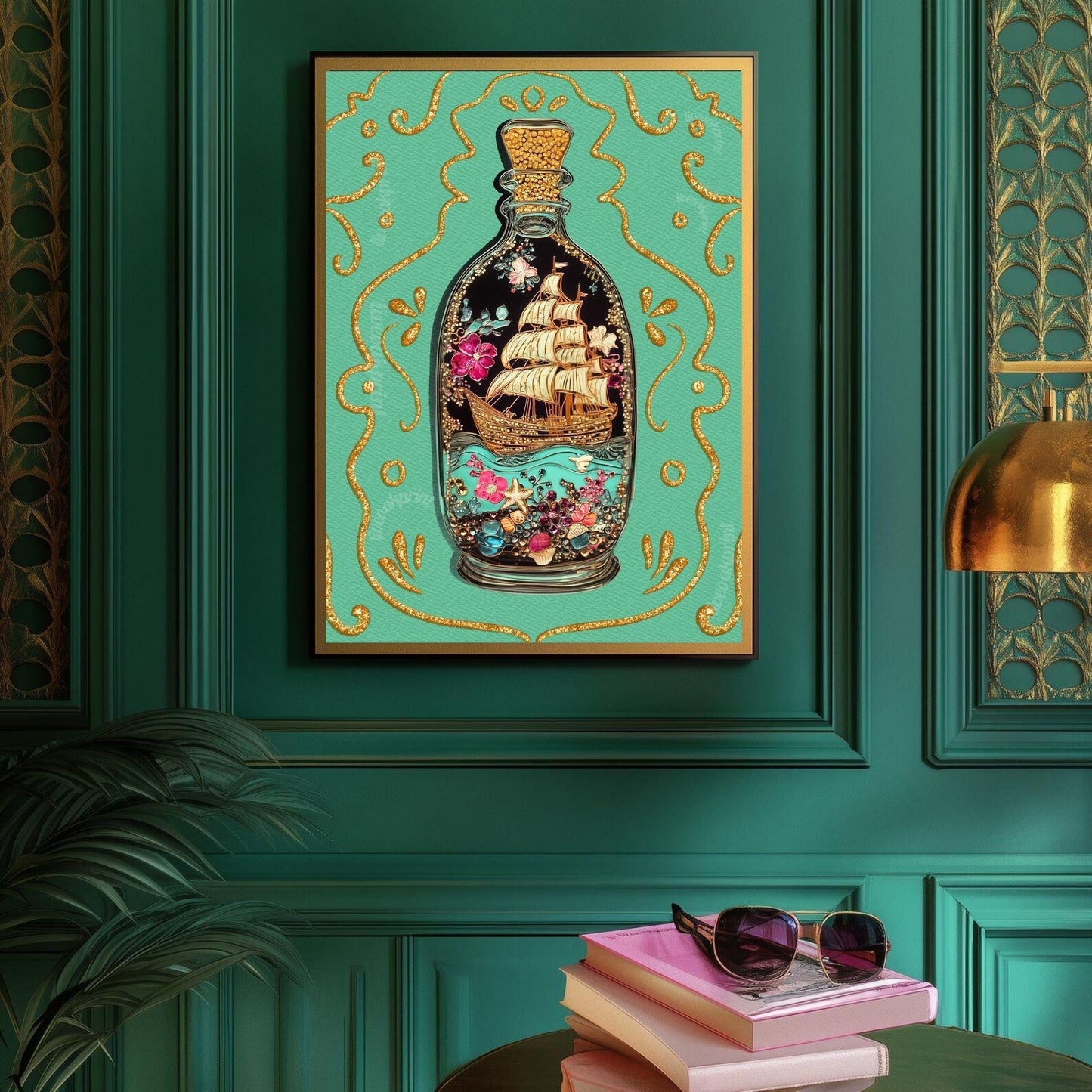 Ship in a Bottle Art Print – Coastal Wall Art – Dark Nautical Decor – Whimsical Ocean Poster – Maritime Fantasy Print – Maximalist Beach Art