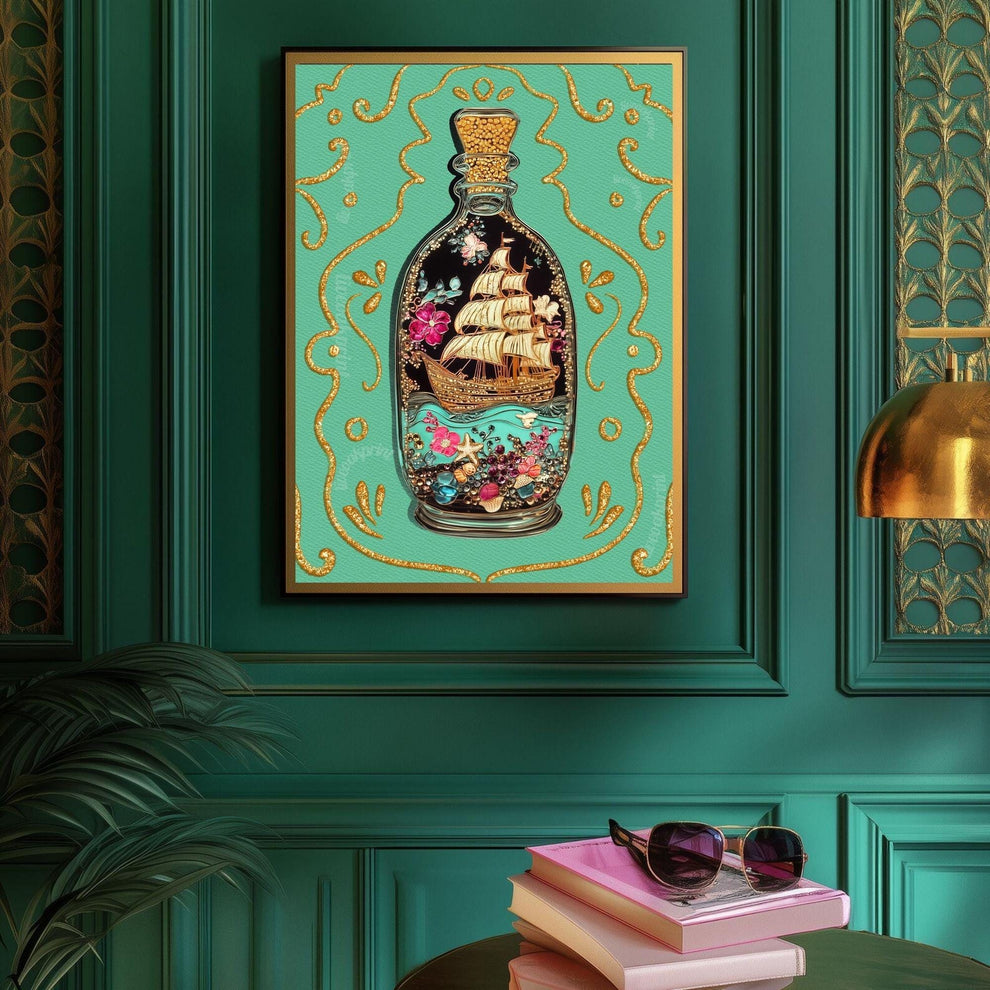 Ship in a Bottle Art Print – Coastal Wall Art – Dark Nautical Decor – Whimsical Ocean Poster – Maritime Fantasy Print – Maximalist Beach Art