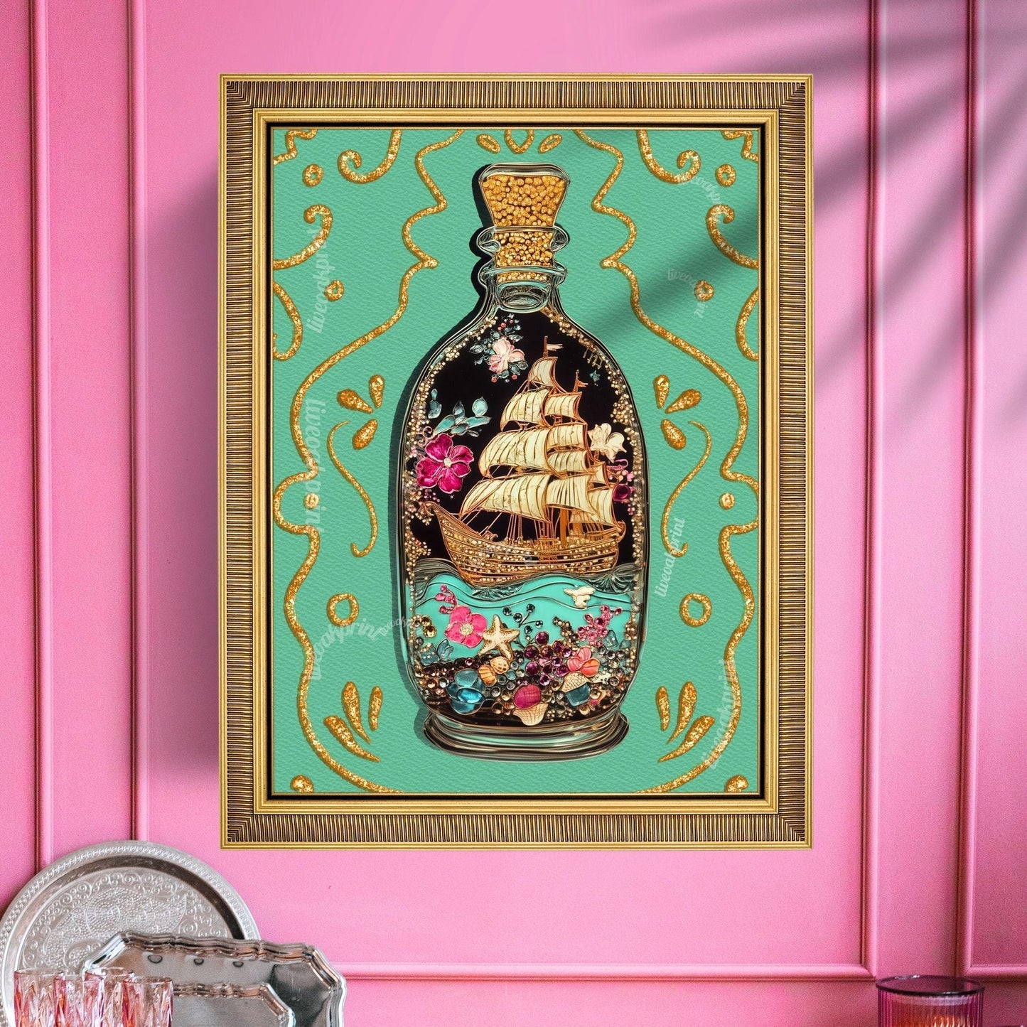 Ship in a Bottle Art Print – Coastal Wall Art – Dark Nautical Decor – Whimsical Ocean Poster – Maritime Fantasy Print – Maximalist Beach Art