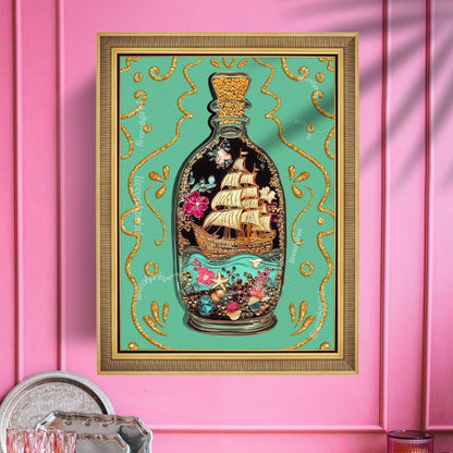 Ship in a Bottle Art Print – Coastal Wall Art – Dark Nautical Decor – Whimsical Ocean Poster – Maritime Fantasy Print – Maximalist Beach Art