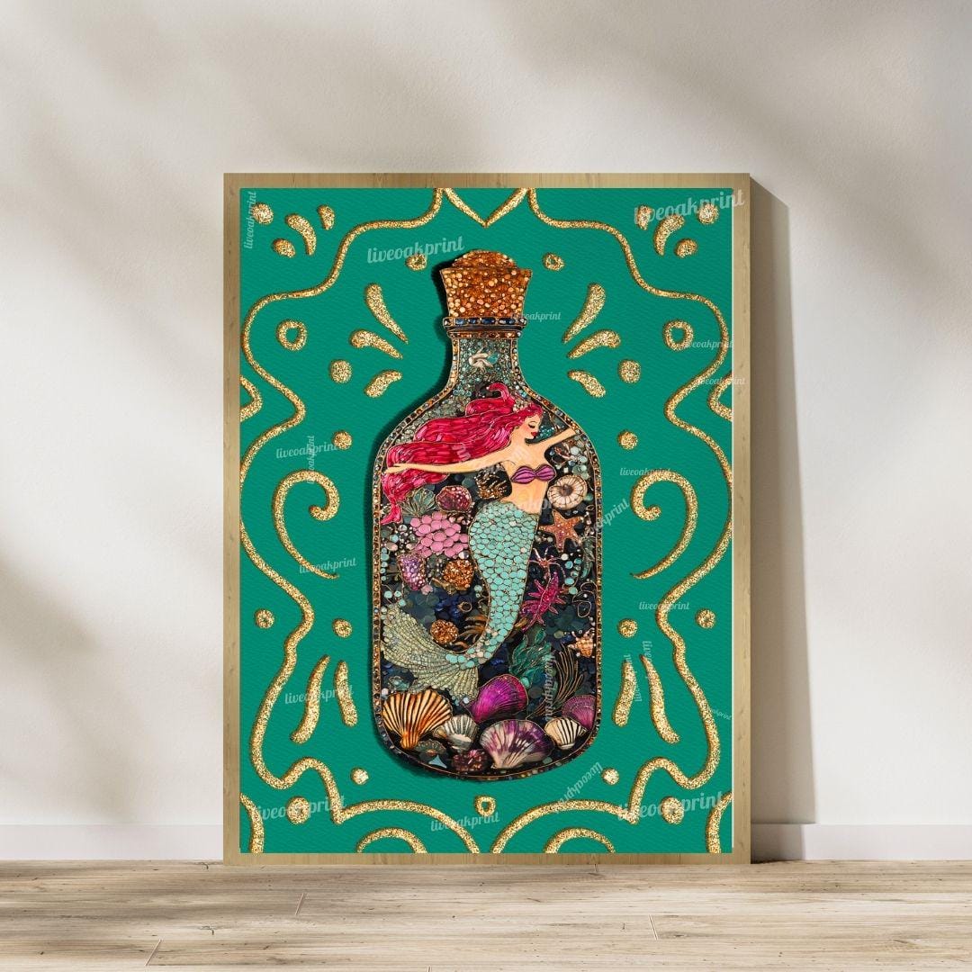 Mermaid & Ship in a Bottle Wall Art Set – Coastal Bathroom Decor – Ocean Aesthetic Prints – Teal Nautical Art – Sailing Wall Art Set