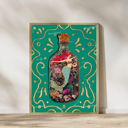 Mermaid & Ship in a Bottle Wall Art Set – Coastal Bathroom Decor – Ocean Aesthetic Prints – Teal Nautical Art – Sailing Wall Art Set