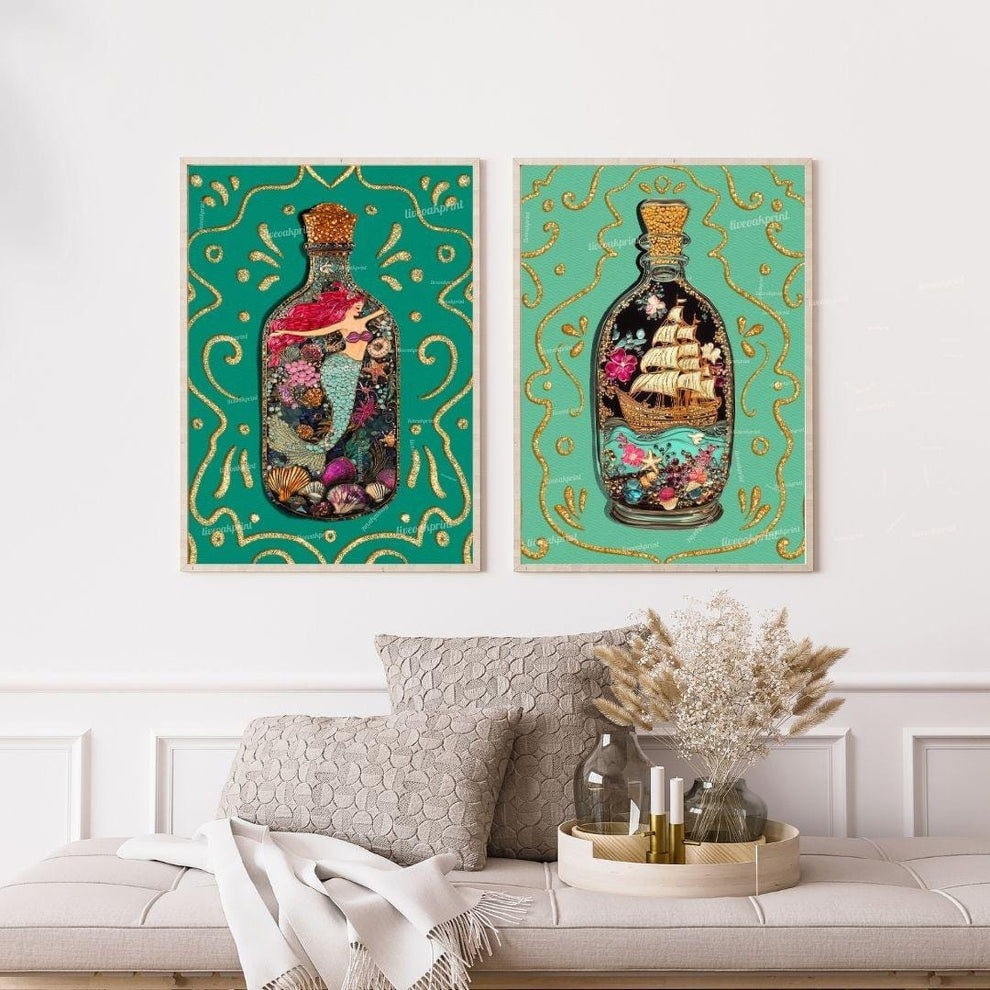 Mermaid & Ship in a Bottle Wall Art Set – Coastal Bathroom Decor – Ocean Aesthetic Prints – Teal Nautical Art – Sailing Wall Art Set