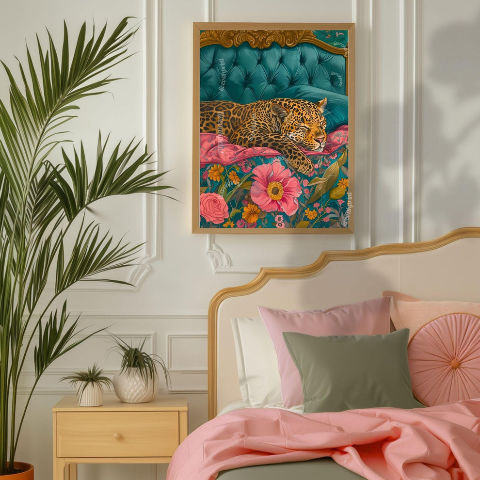 Sleeping Leopard Art Print – Maximalist Animal Wall Art – Floral Bedroom Decor – Vintage Glam Home Print – Junglecore Aesthetic