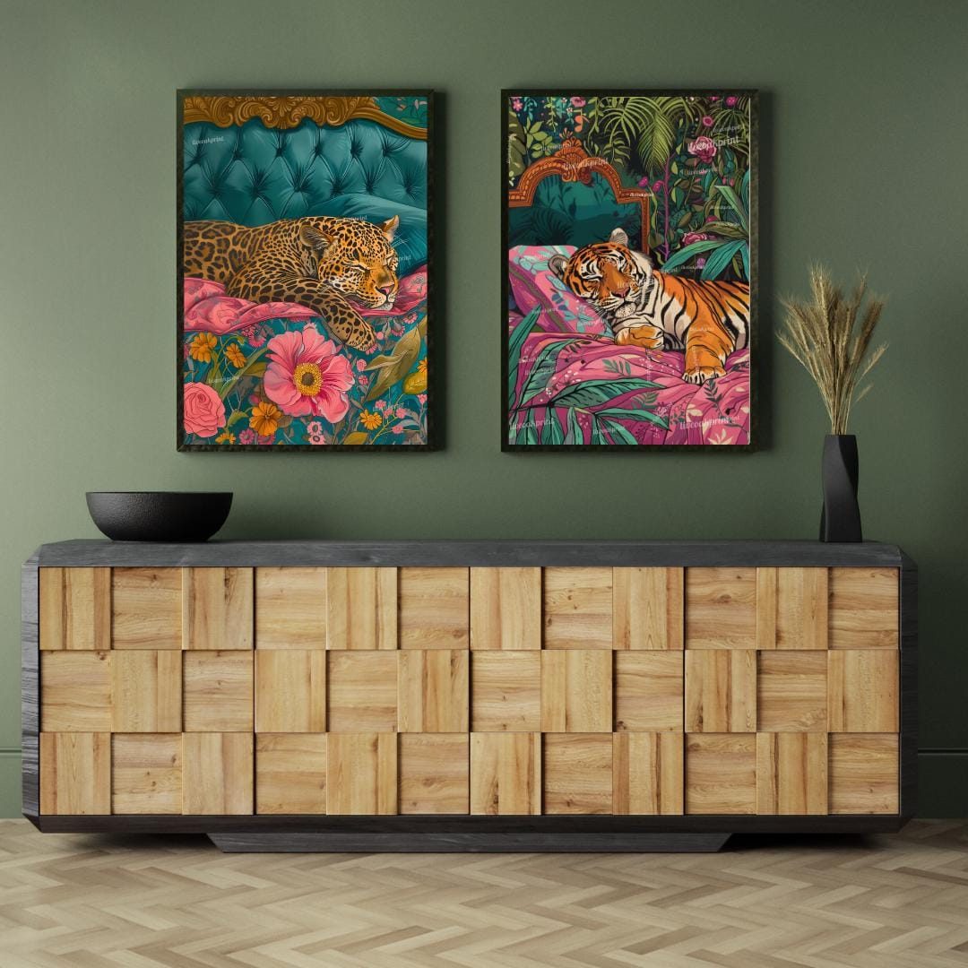 Tiger and Leopard Jungle Print Set – Maximalist Animal Wall Art – Vintage Glam Bedroom Decor – Junglecore Gallery Wall – Dopamine Decor