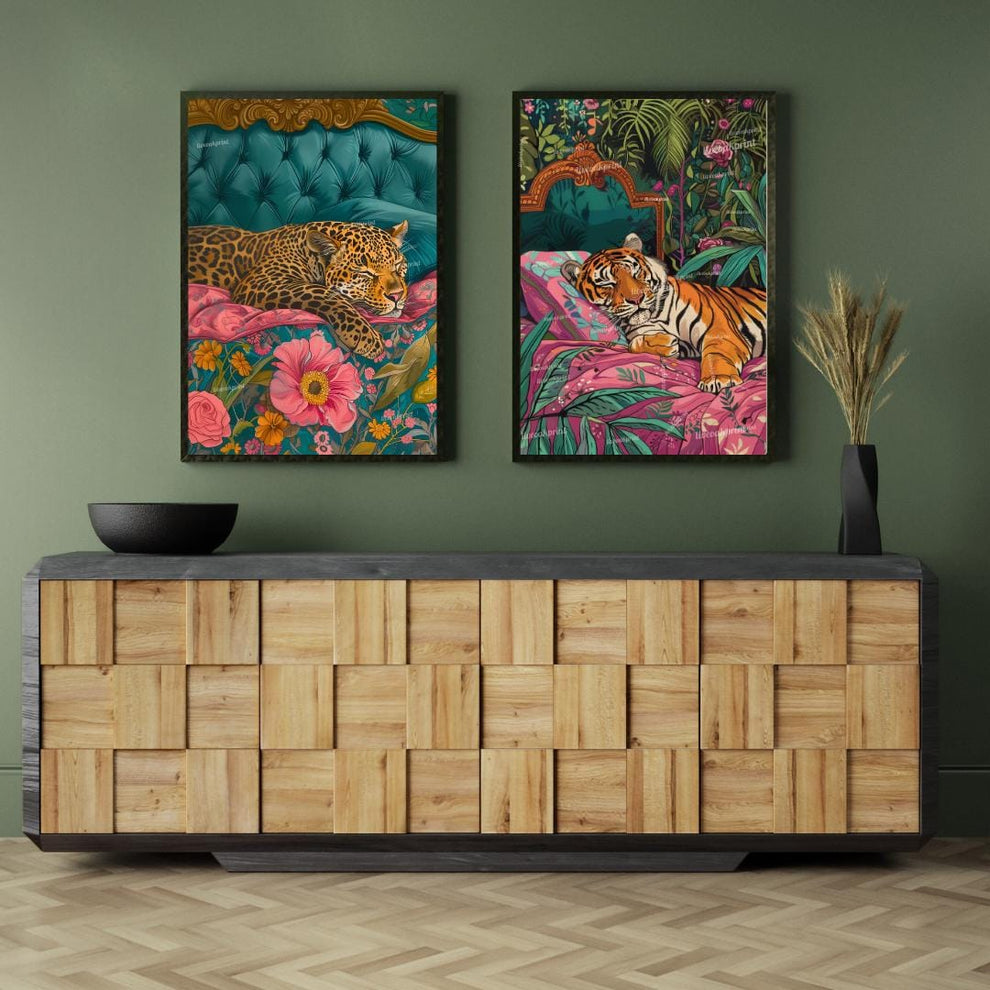 Tiger and Leopard Jungle Print Set – Maximalist Animal Wall Art – Vintage Glam Bedroom Decor – Junglecore Gallery Wall – Dopamine Decor