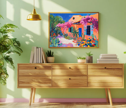 Mexican Garden Art Print – Pastel Wall Art Vibrant Wall Art Southwestern Floral Wall Decor Maximalist Mexico Painting Mexican Flower Print