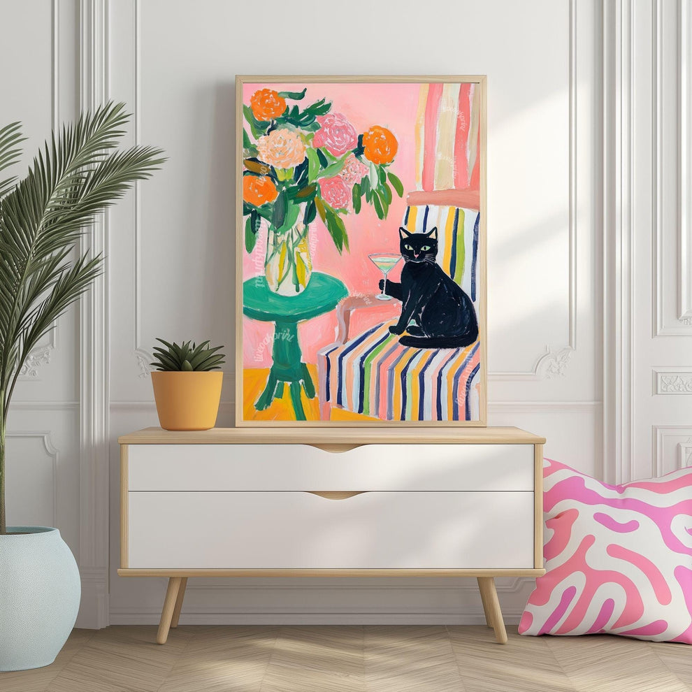 Black Cat Cocktail Art Print – Maximalist Cat Wall Art – Funky Bar Cart Decor – Pink Floral Cat Print – Retro Home Art Whimsical Kitchen Art