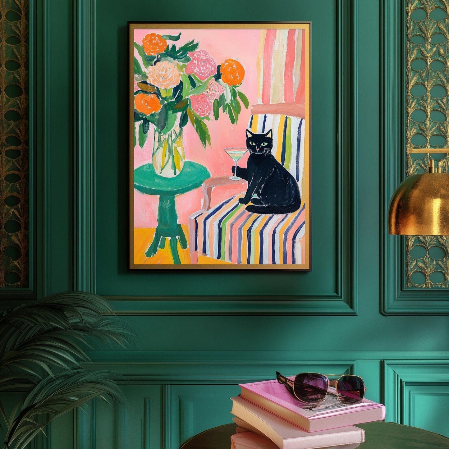 Black Cat Cocktail Art Print – Maximalist Cat Wall Art – Funky Bar Cart Decor – Pink Floral Cat Print – Retro Home Art Whimsical Kitchen Art