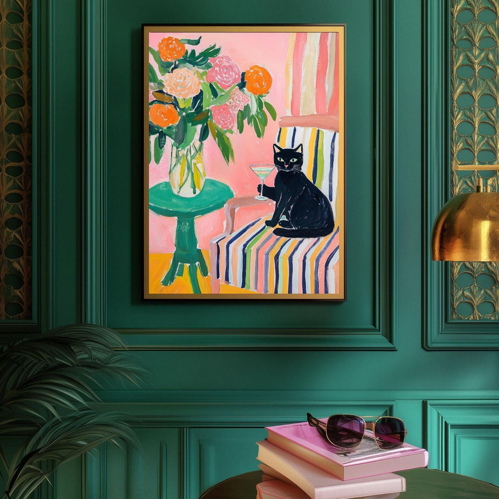 Black Cat Cocktail Art Print – Maximalist Cat Wall Art – Funky Bar Cart Decor – Pink Floral Cat Print – Retro Home Art Whimsical Kitchen Art