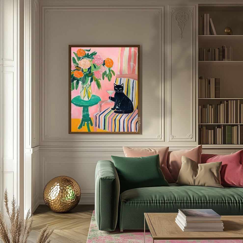 Black Cat Cocktail Art Print – Maximalist Cat Wall Art – Funky Bar Cart Decor – Pink Floral Cat Print – Retro Home Art Whimsical Kitchen Art