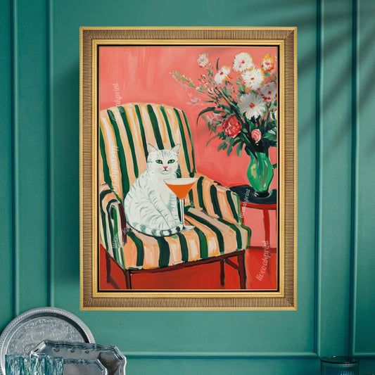 White Cat Cocktail Art Print – Whimsical Bar Cart Decor – Retro Cat Wall Art – Maximalist Home Print – Dopamine Decor – Funky Kitchen Poster
