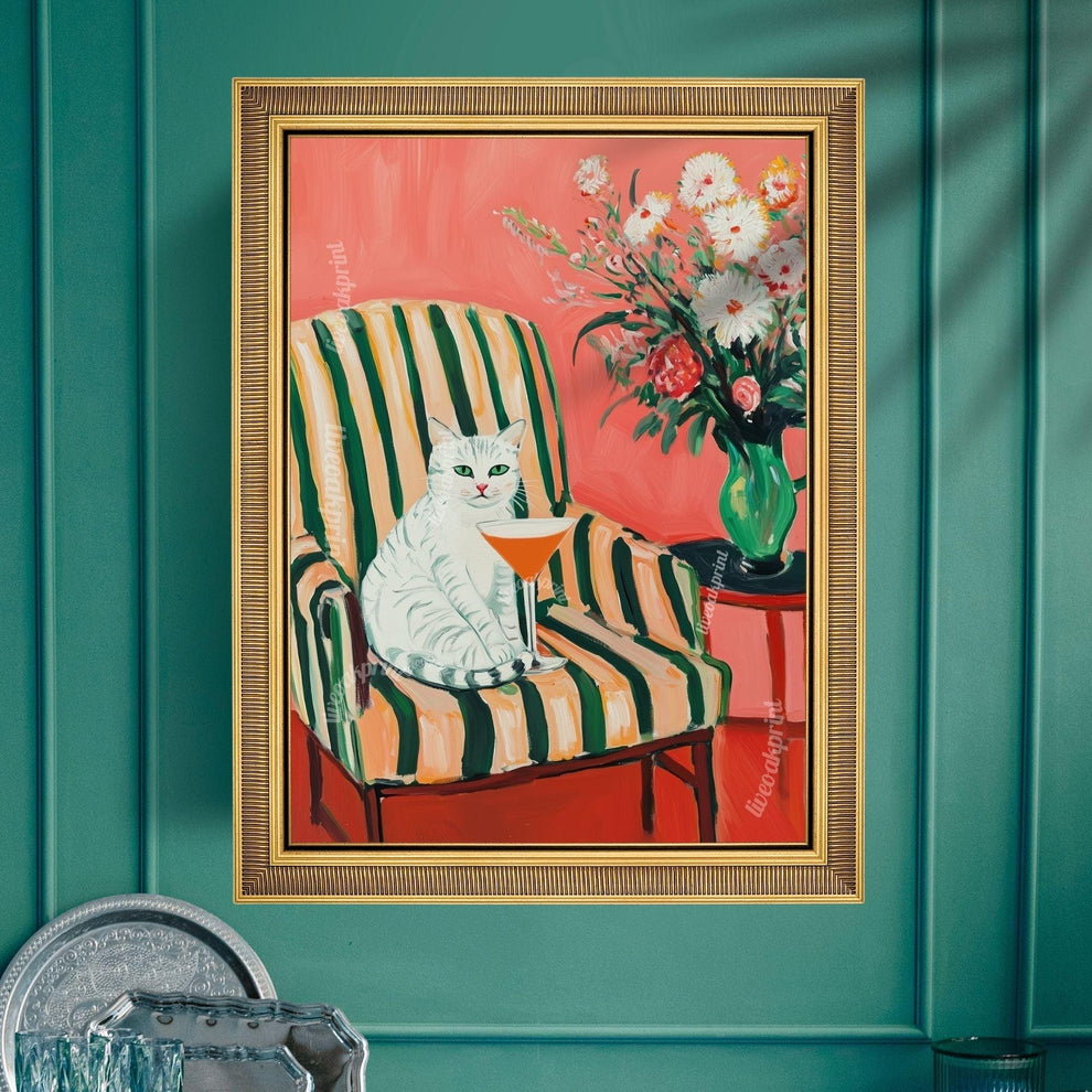 White Cat Cocktail Art Print – Whimsical Bar Cart Decor – Retro Cat Wall Art – Maximalist Home Print – Dopamine Decor – Funky Kitchen Poster