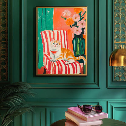 Orange Cat Cocktail Art Print – Retro Cat Wall Art – Maximalist Bar Cart Decor – Funny Animal Print – Dopamine Decor – Striped Wall Art