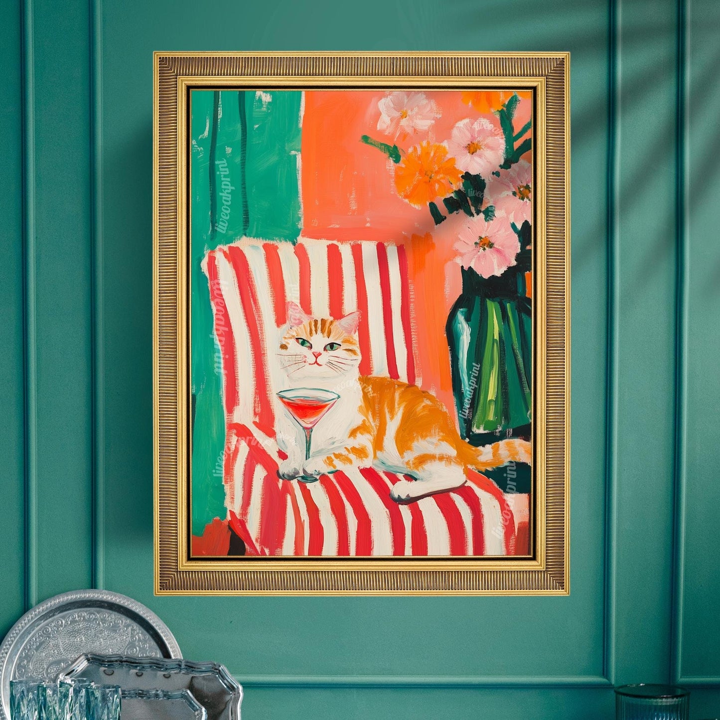 Orange Cat Cocktail Art Print – Retro Cat Wall Art – Maximalist Bar Cart Decor – Funny Animal Print – Dopamine Decor – Striped Wall Art