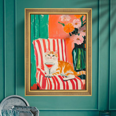 Orange Cat Cocktail Art Print – Retro Cat Wall Art – Maximalist Bar Cart Decor – Funny Animal Print – Dopamine Decor – Striped Wall Art