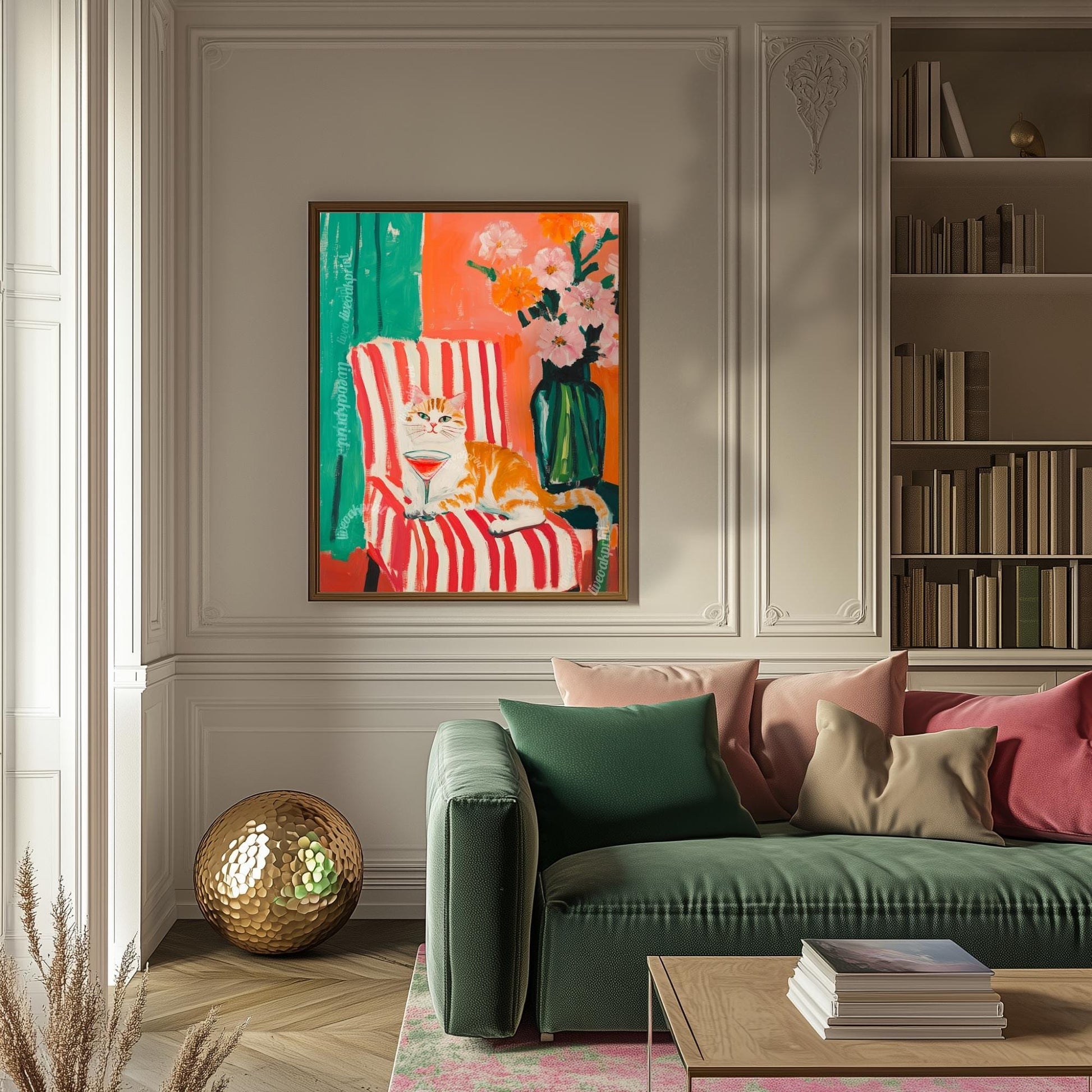 Orange Cat Cocktail Art Print – Retro Cat Wall Art – Maximalist Bar Cart Decor – Funny Animal Print – Dopamine Decor – Striped Wall Art