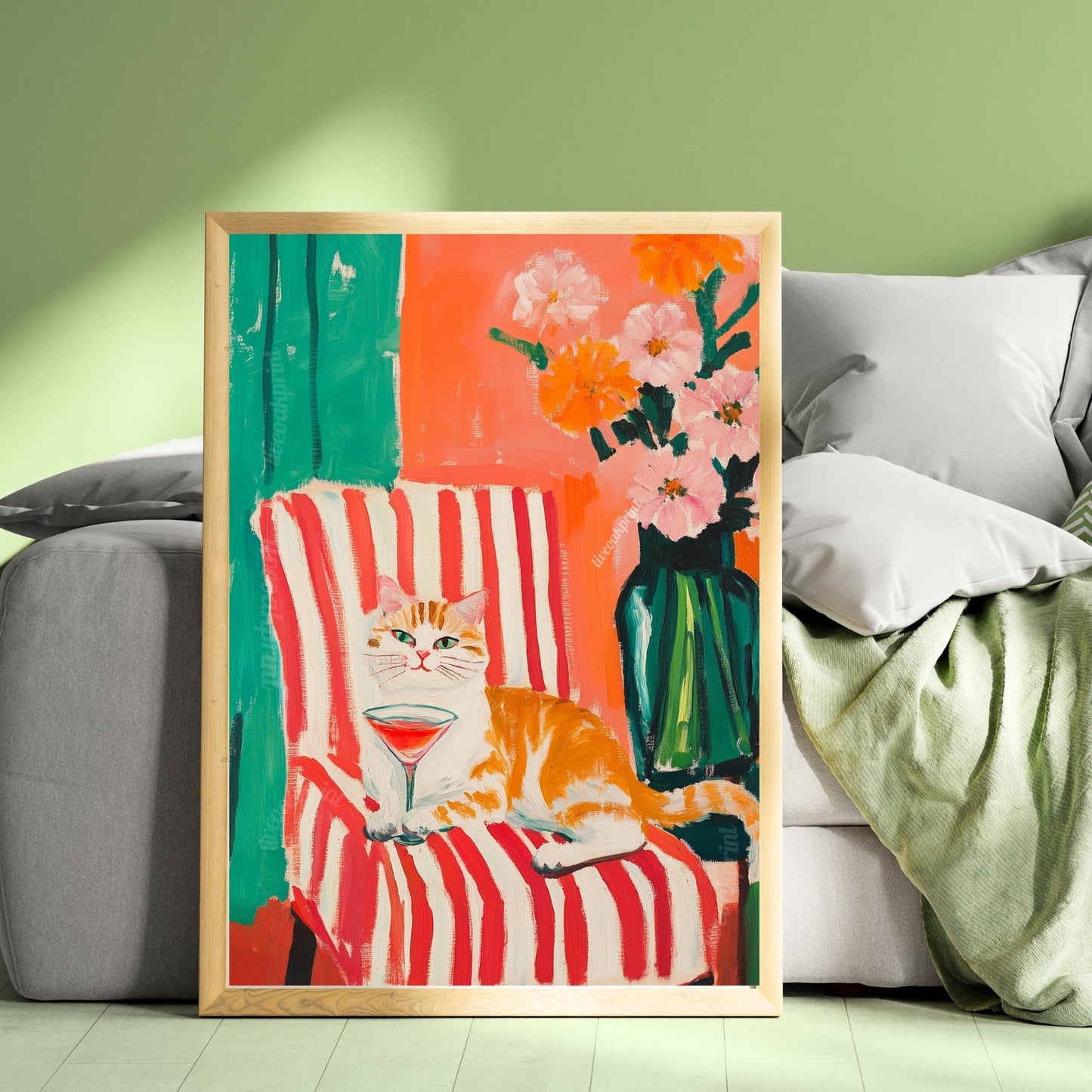 Orange Cat Cocktail Art Print – Retro Cat Wall Art – Maximalist Bar Cart Decor – Funny Animal Print – Dopamine Decor – Striped Wall Art