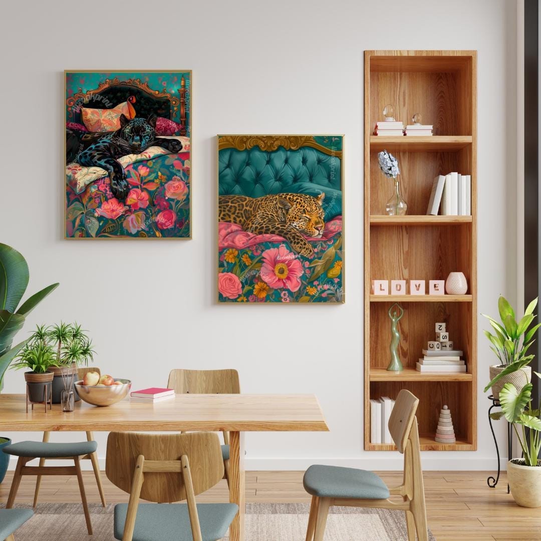 Leopard & Panther Wall Art Set – Maximalist Jungle Cat Prints – Bold Bedroom Decor – Cozy Cat Wall Art – Dark Floral Animal Prints