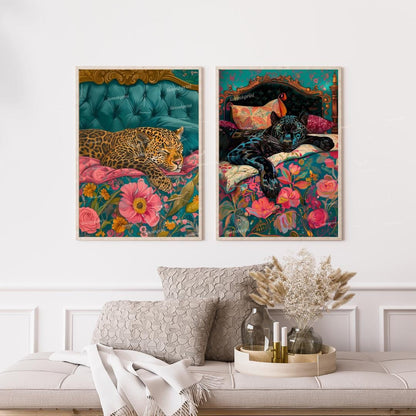 Leopard & Panther Wall Art Set – Maximalist Jungle Cat Prints – Bold Bedroom Decor – Cozy Cat Wall Art – Dark Floral Animal Prints