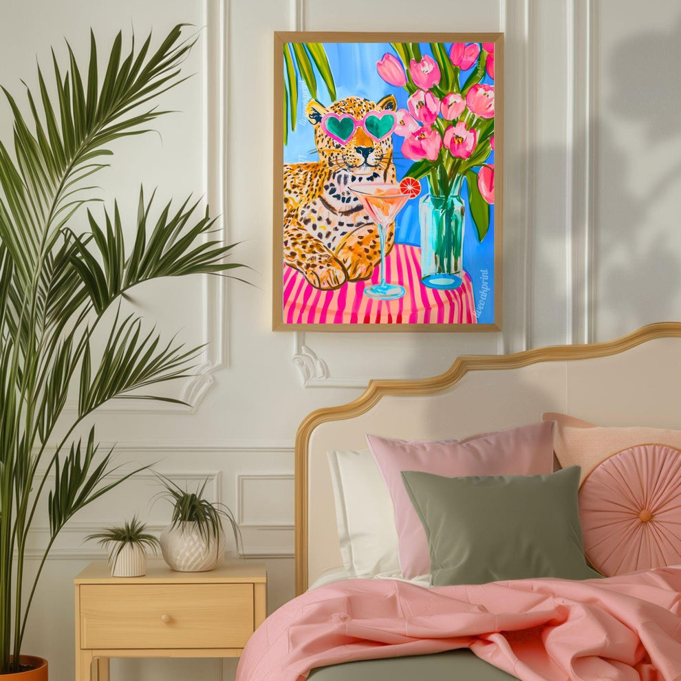 Tropical Leopard Wall Art – Summer Cat Print – Pink Martini Art – Dopamine Decor – Whimsical Animal Wall Art – Cocktail Wall Decor