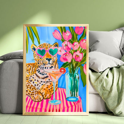 Tropical Leopard Wall Art – Summer Cat Print – Pink Martini Art – Dopamine Decor – Whimsical Animal Wall Art – Cocktail Wall Decor