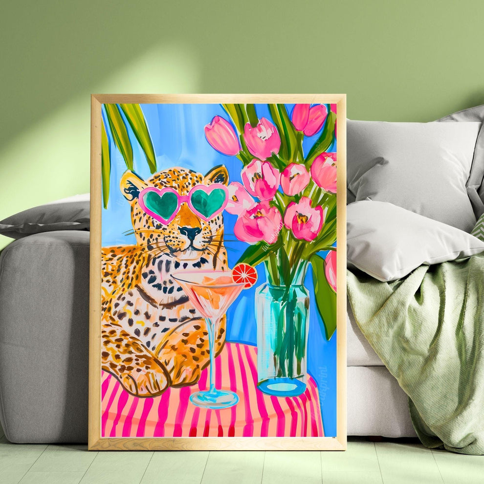 Tropical Leopard Wall Art – Summer Cat Print – Pink Martini Art – Dopamine Decor – Whimsical Animal Wall Art – Cocktail Wall Decor