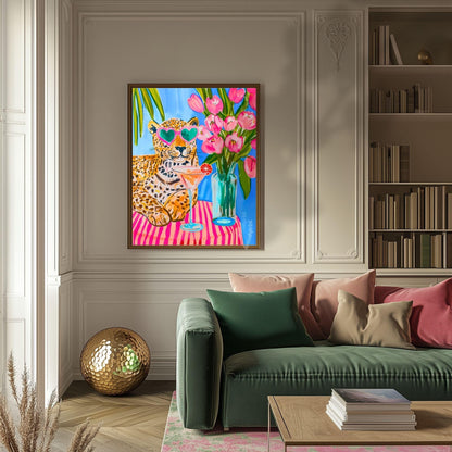 Tropical Leopard Wall Art – Summer Cat Print – Pink Martini Art – Dopamine Decor – Whimsical Animal Wall Art – Cocktail Wall Decor