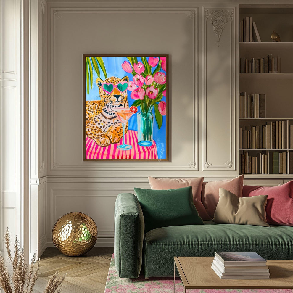 Tropical Leopard Wall Art – Summer Cat Print – Pink Martini Art – Dopamine Decor – Whimsical Animal Wall Art – Cocktail Wall Decor