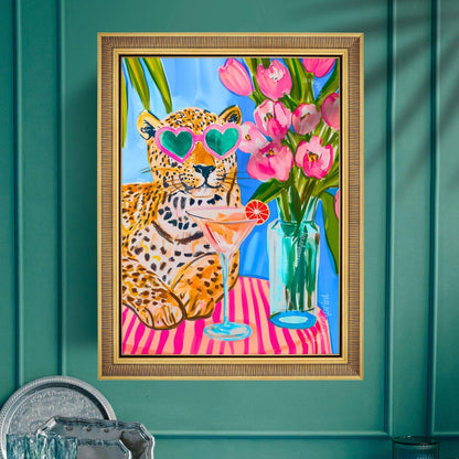 Tropical Leopard Wall Art – Summer Cat Print – Pink Martini Art – Dopamine Decor – Whimsical Animal Wall Art – Cocktail Wall Decor