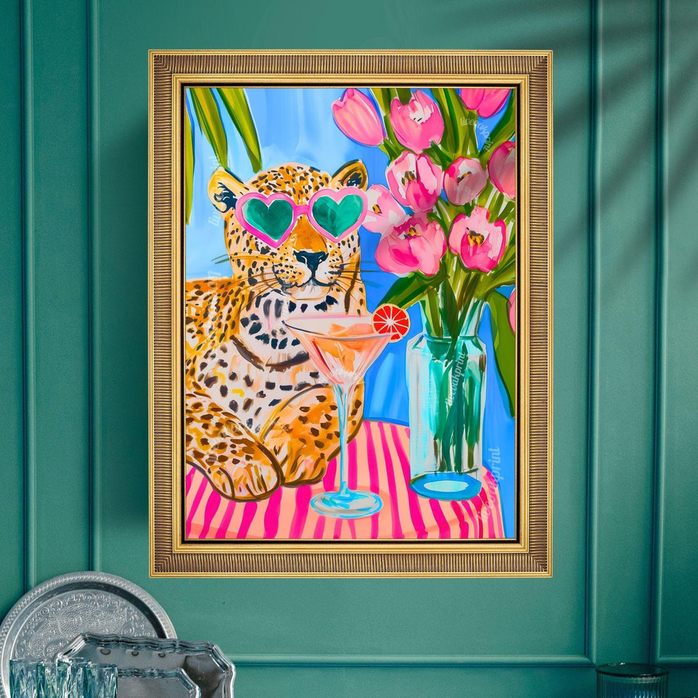 Tropical Leopard Wall Art – Summer Cat Print – Pink Martini Art – Dopamine Decor – Whimsical Animal Wall Art – Cocktail Wall Decor