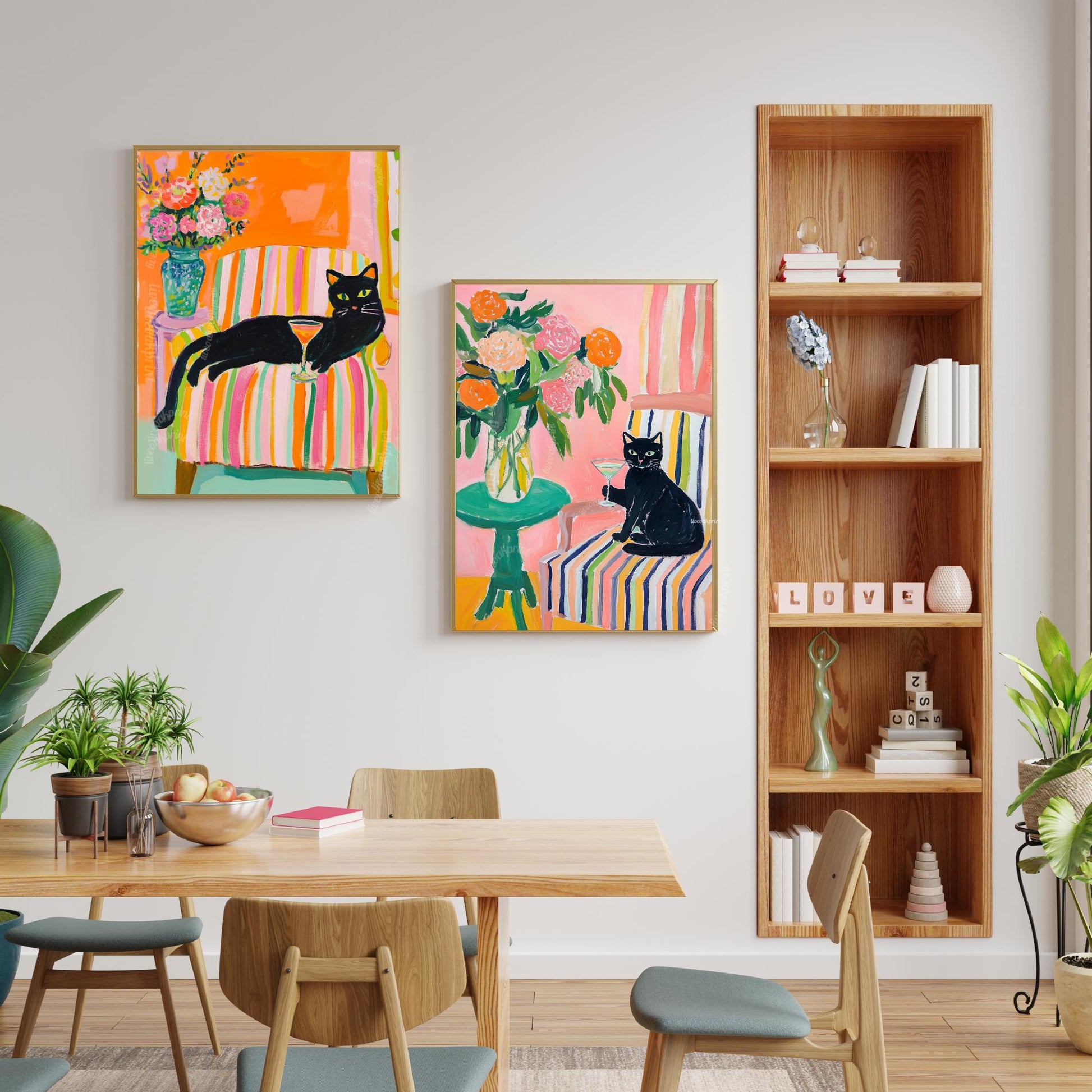 Black Cat Wall Art – Cocktail Cat Print – Dopamine Decor – Whimsical Bar Art – Orange Wall Art – Summer Cat Poster – Funky Animal Art Print