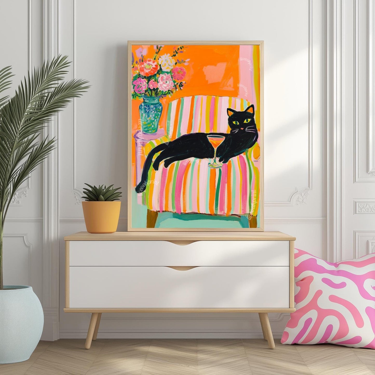 Black Cat Wall Art – Cocktail Cat Print – Dopamine Decor – Whimsical Bar Art – Orange Wall Art – Summer Cat Poster – Funky Animal Art Print