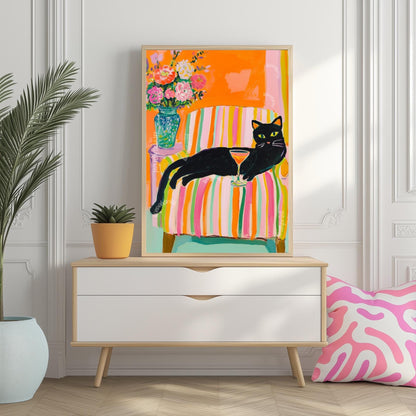Black Cat Wall Art – Cocktail Cat Print – Dopamine Decor – Whimsical Bar Art – Orange Wall Art – Summer Cat Poster – Funky Animal Art Print