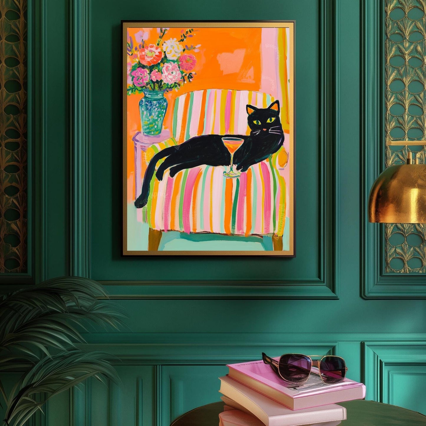 Black Cat Wall Art – Cocktail Cat Print – Dopamine Decor – Whimsical Bar Art – Orange Wall Art – Summer Cat Poster – Funky Animal Art Print