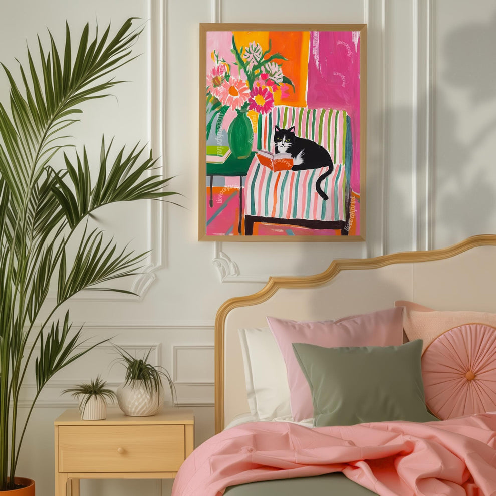 Tuxedo Cat Reading Print – Bookish Wall Art – Cozy Reading Nook Decor – Black and White Cat Art – Gift for Book Lovers – Dopamine Decor