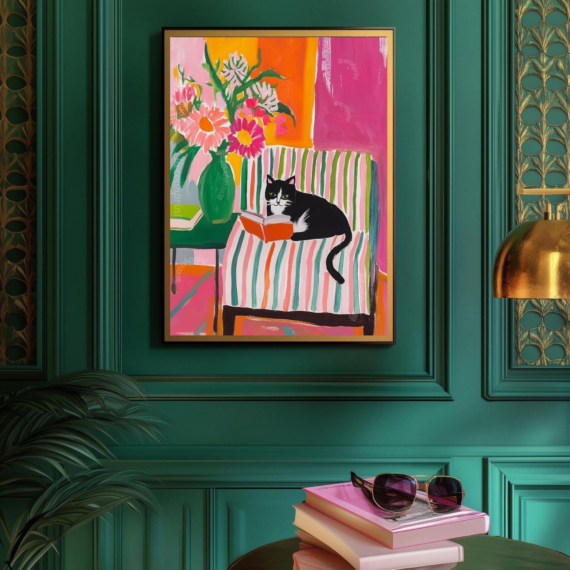 Tuxedo Cat Reading Print – Bookish Wall Art – Cozy Reading Nook Decor – Black and White Cat Art – Gift for Book Lovers – Dopamine Decor